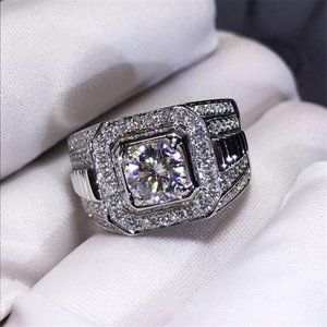 NEW Men Silver Square Diamond Wide Band Ring